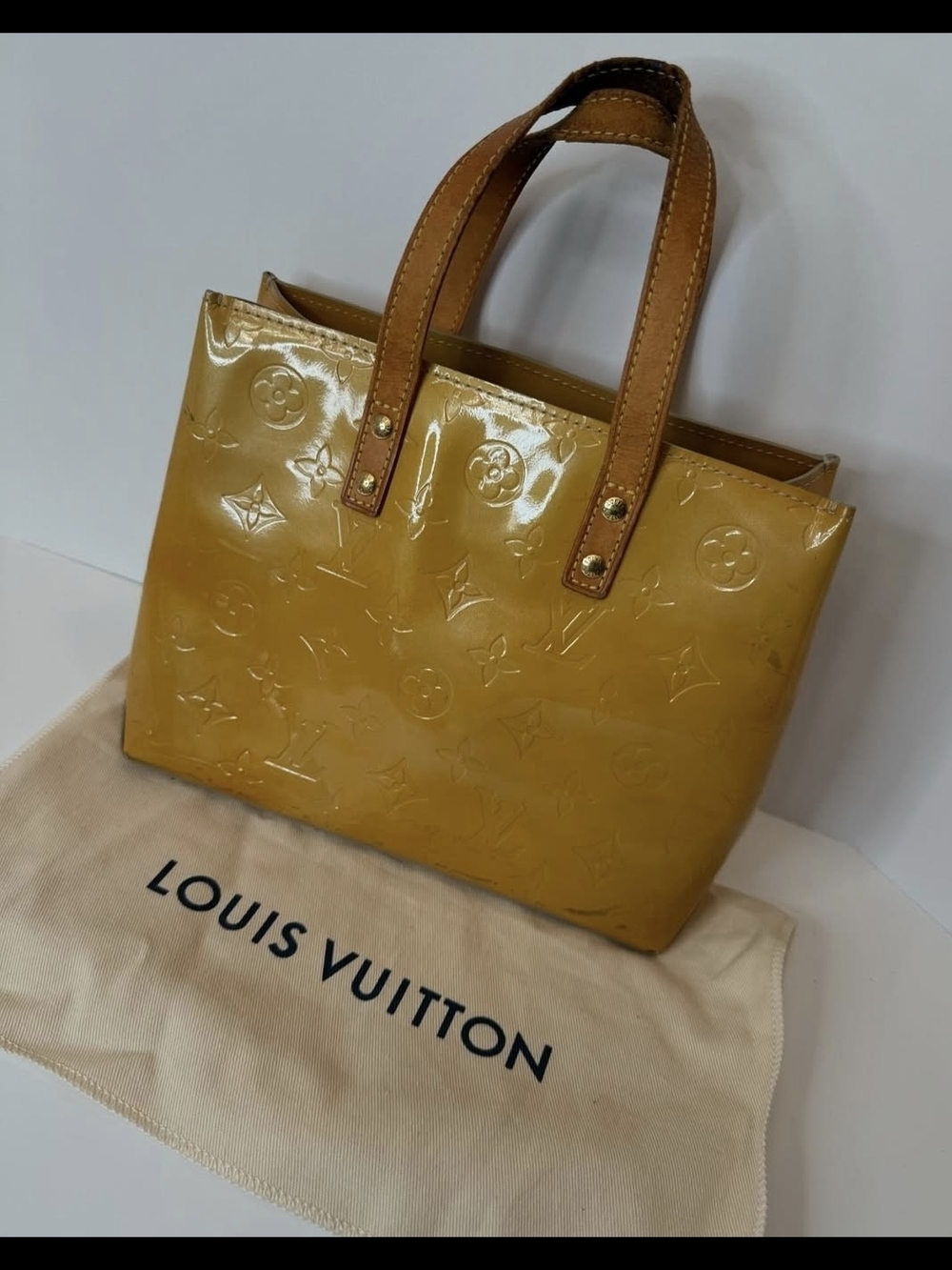 Louis Vuitton Vernise Tote in Mustard Yellow with Brown Handles
